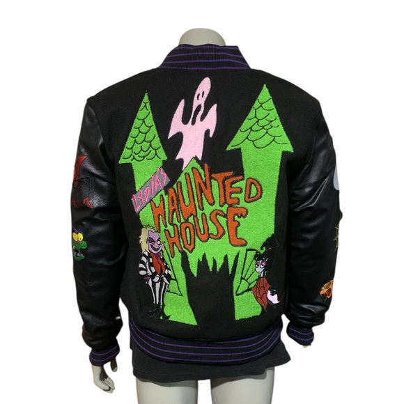 Beetlejuice Halloween Horror Haunted House Mens Varsity Embroidered Patch Jacket - Picture 8 of 11